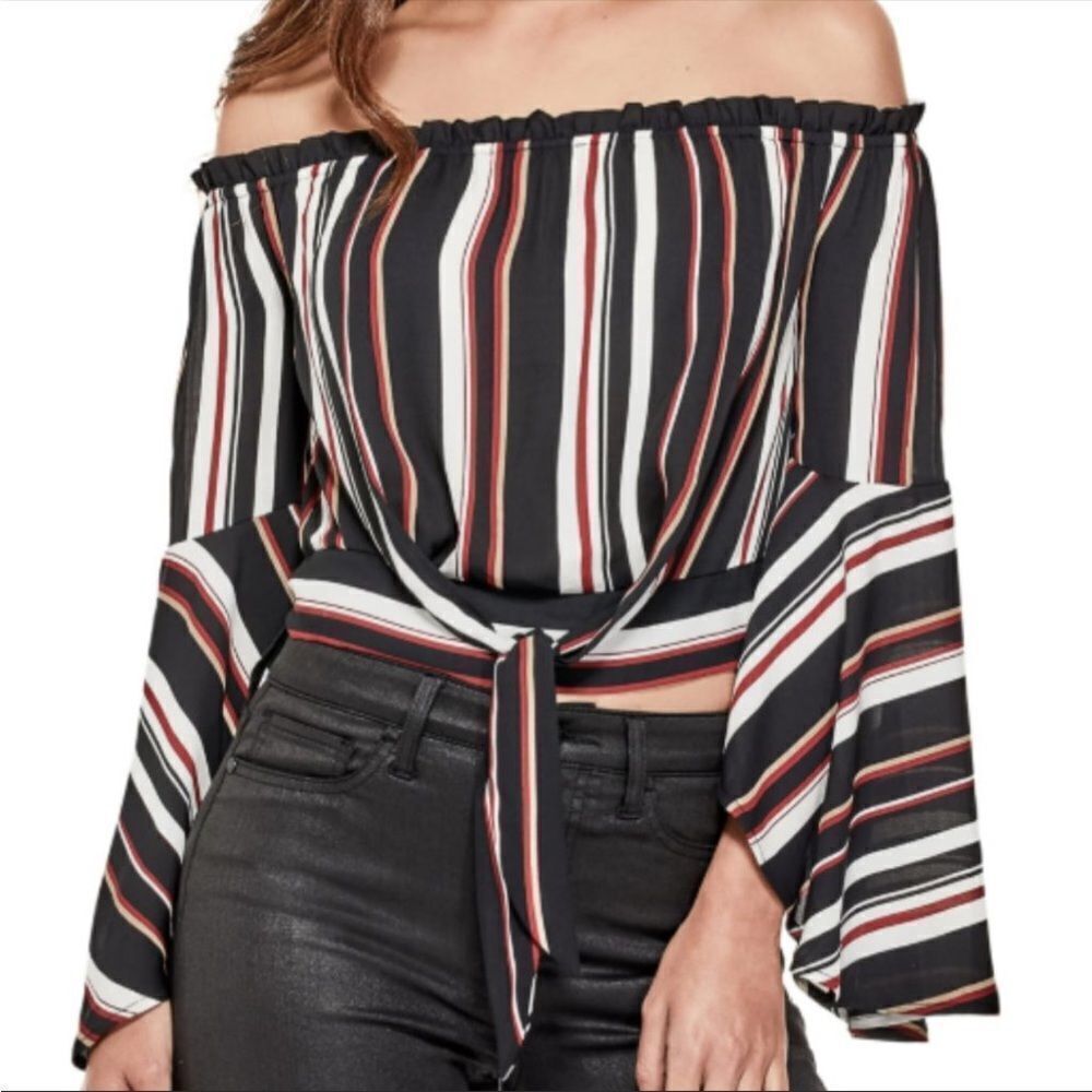 Guess Striped Off The Shoulder Bell Sleeve Blouse